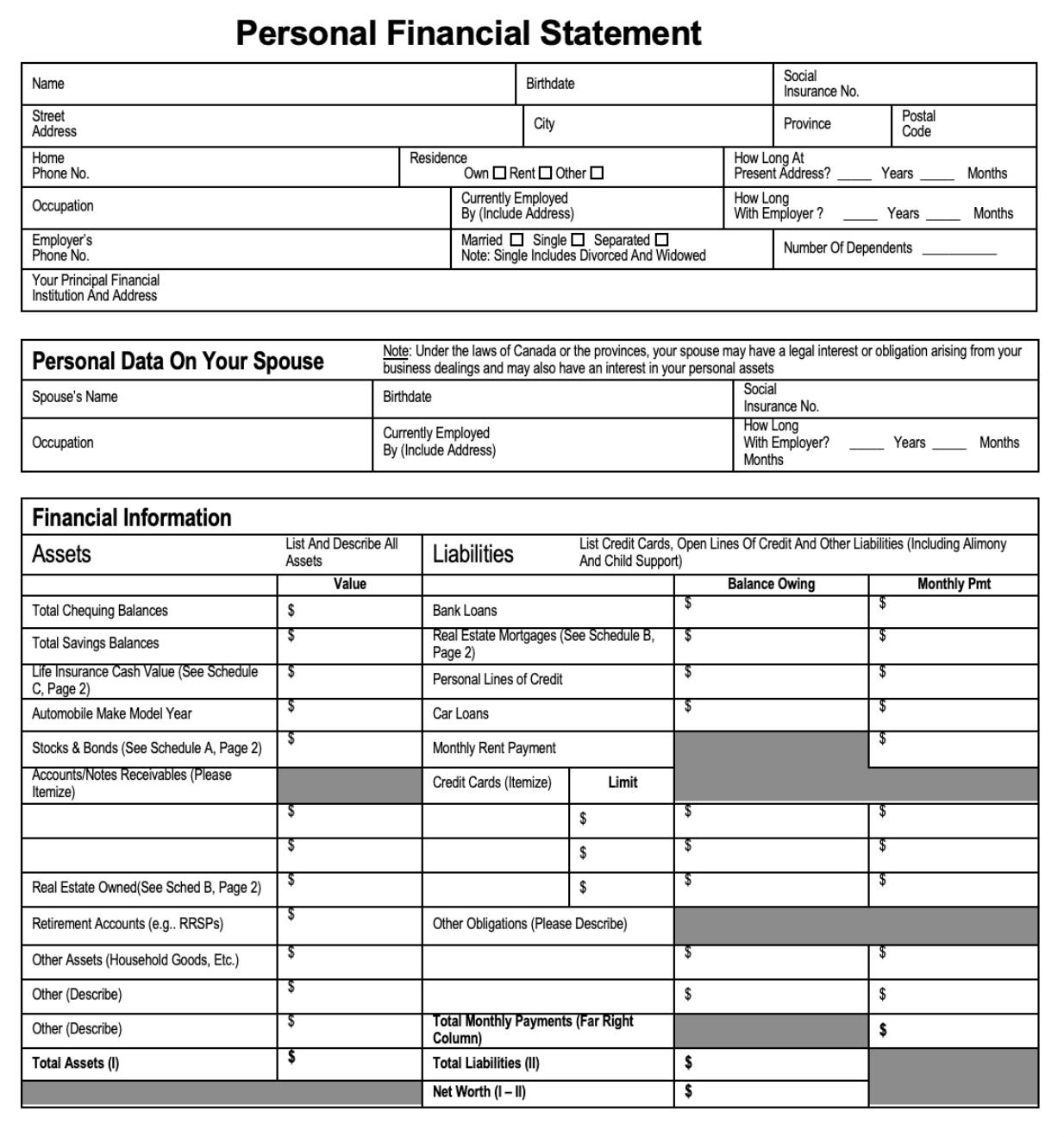 example blank personal financial statement.