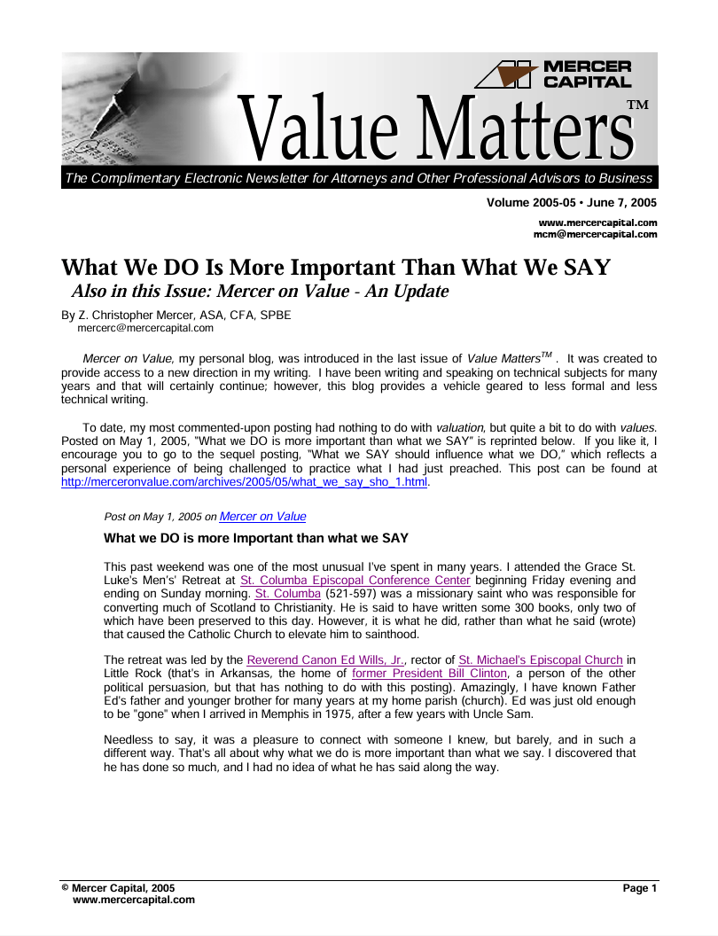 Mercer Capital’s Value Matters 2005-05