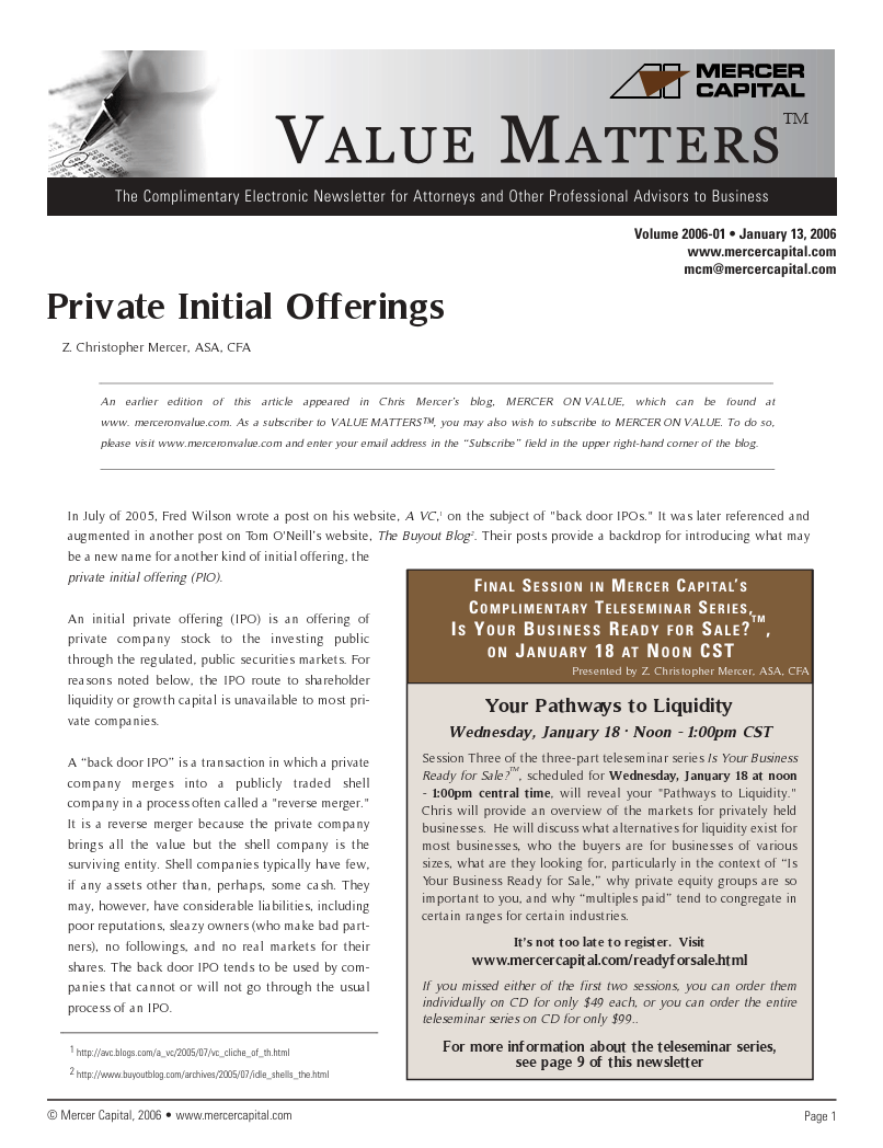 Mercer Capital’s Value Matters 2006-01