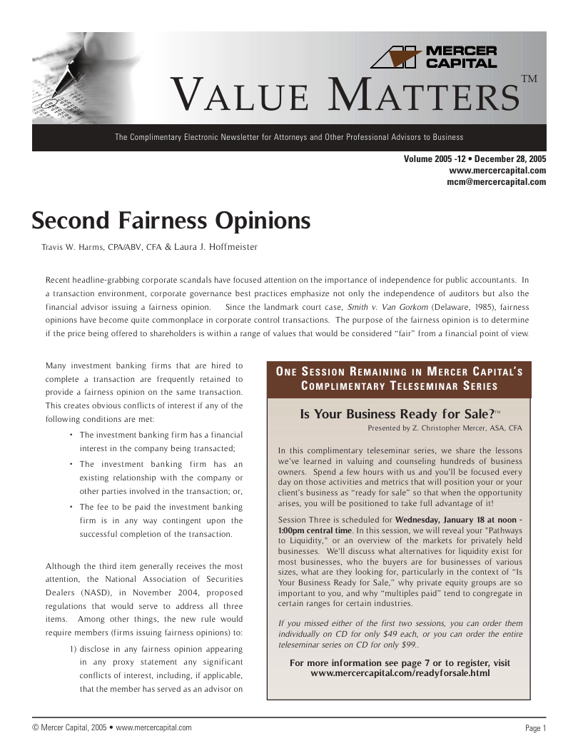 Mercer Capital’s Value Matters 2005-12