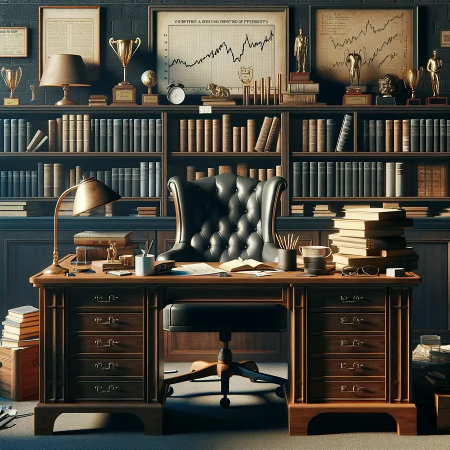 DALL·E-2023-12-07-15.40.39-An-office-setting-reminiscent-of-a-seasoned-investors-workspace-without-a-person-present.-The-scene-includes-a-large-elegant-wooden-desk-cluttered-.png