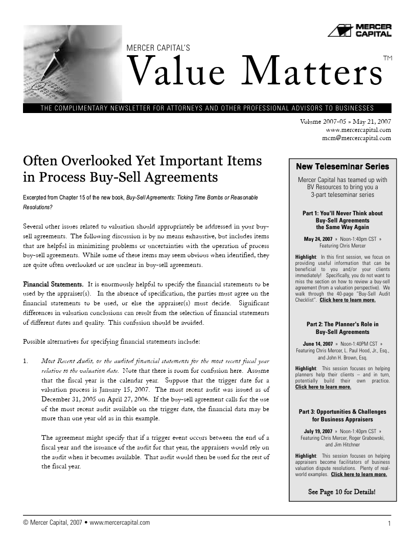 Mercer Capital’s Value Matters 2007-05