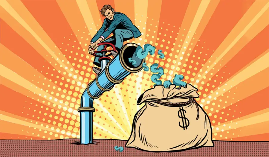 Comic Book Style Action Figure Opening Oil Pipe Of Money