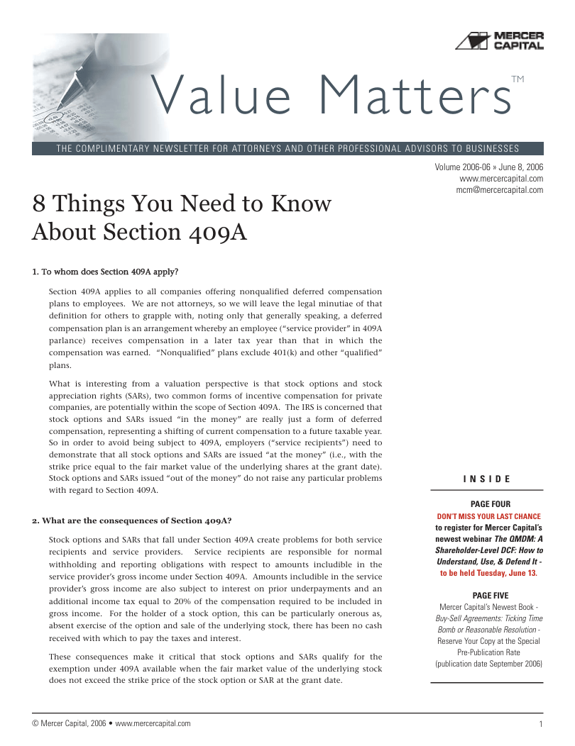 Mercer Capital’s Value Matters 2006-06