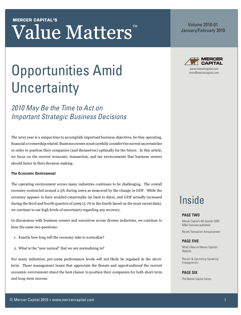 Mercer Capital’s Value Matters 2010-01