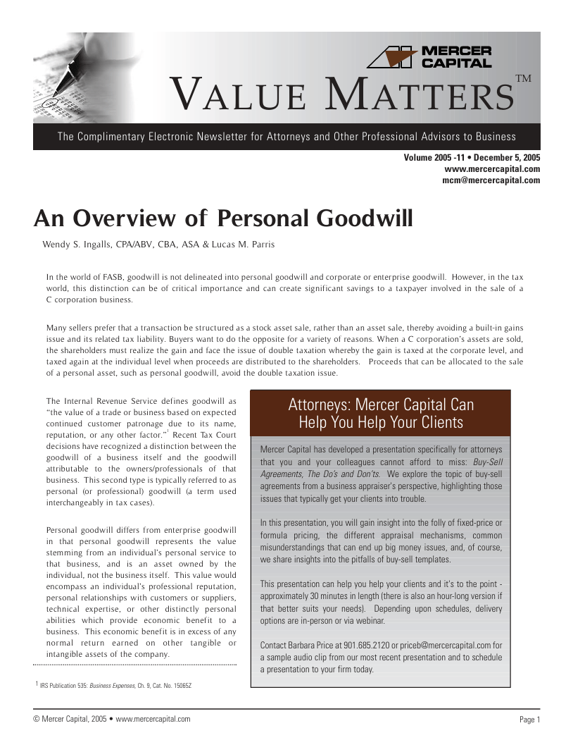 Mercer Capital’s Value Matters 2005-11