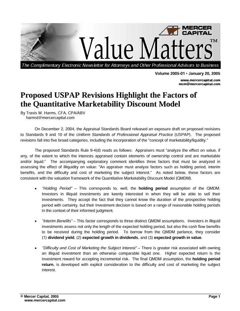 Mercer Capital’s Value Matters 2005-01