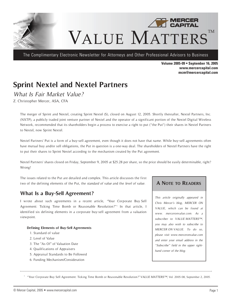 Mercer Capital’s Value Matters 2005-09