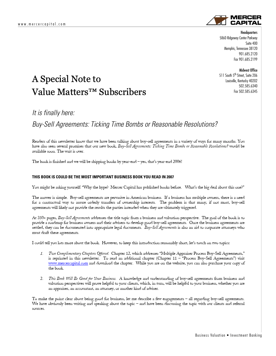 Mercer Capital’s Value Matters 2006-12